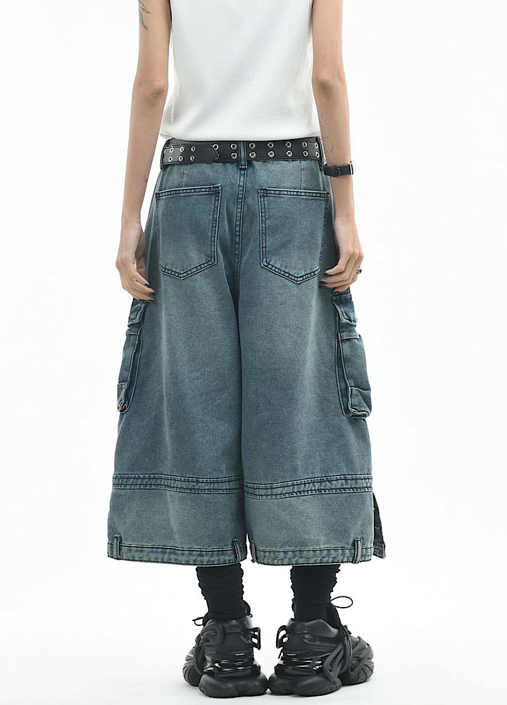 Wide loose silhouette washed cargo denim shorts  OR0753