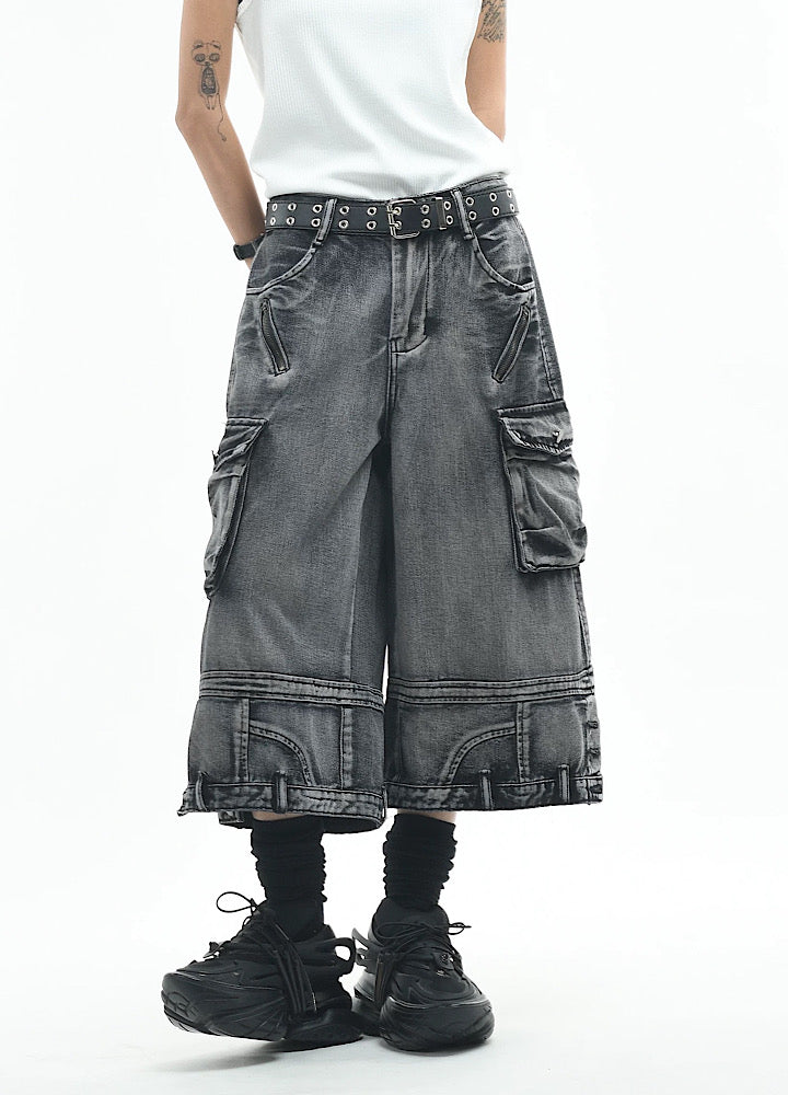 Wide loose silhouette washed cargo denim shorts  OR0753