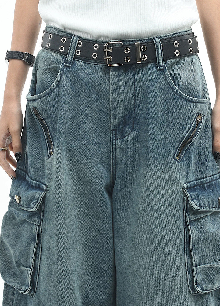 Wide loose silhouette washed cargo denim shorts  OR0753