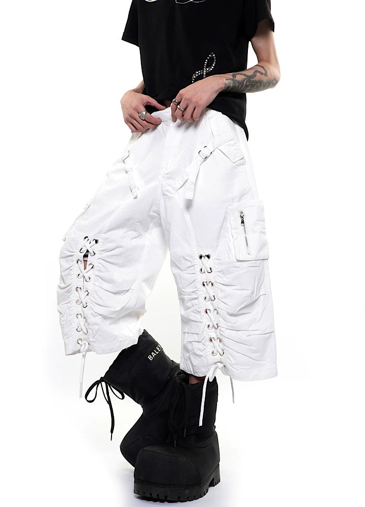 Side lace-up design pleated tech shorts  OR0754