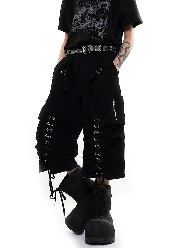 Side lace-up design pleated tech shorts  OR0754