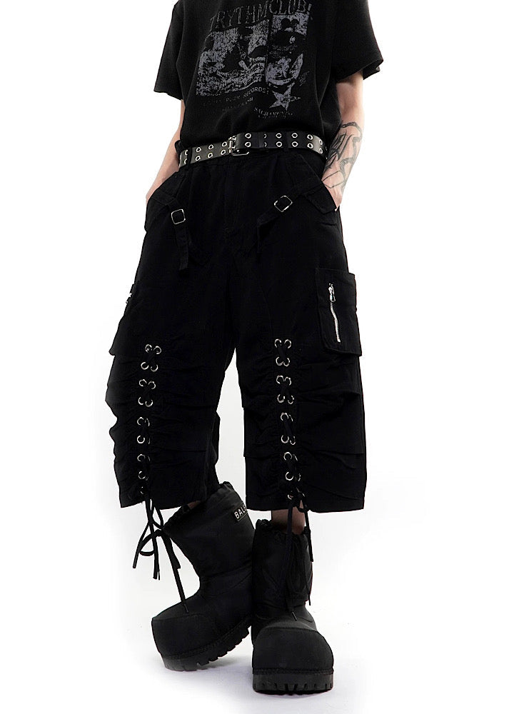 Side lace-up design pleated tech shorts  OR0754