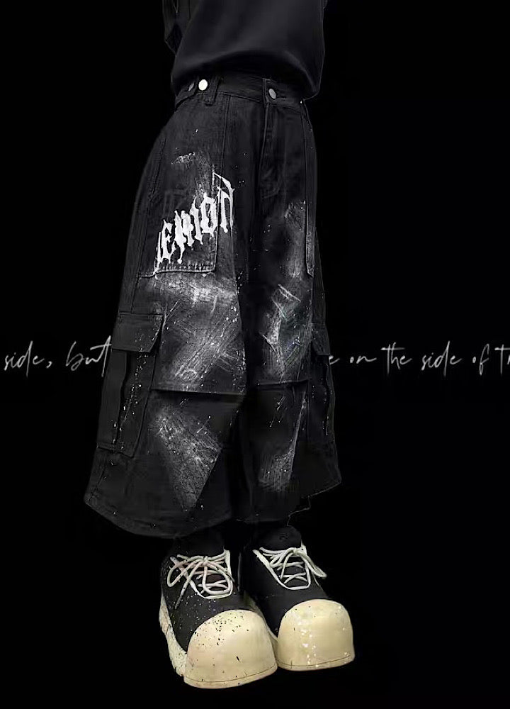 Fully painted pleated simple half-cargo denim pants  OR0755