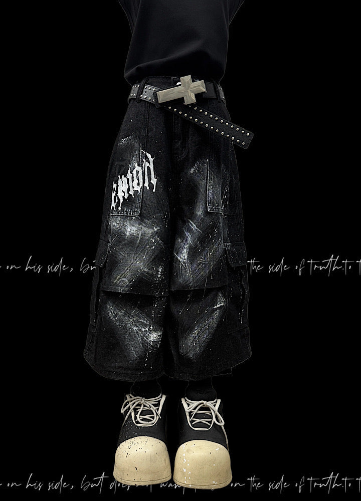 Fully painted pleated simple half-cargo denim pants  OR0755