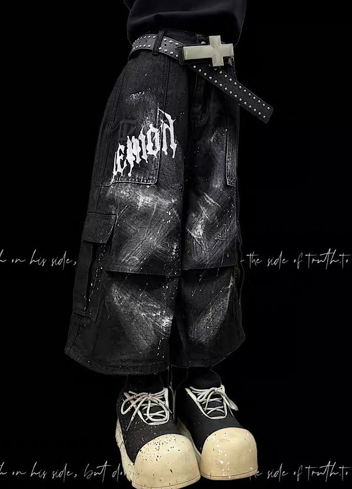 Fully painted pleated simple half-cargo denim pants  OR0755