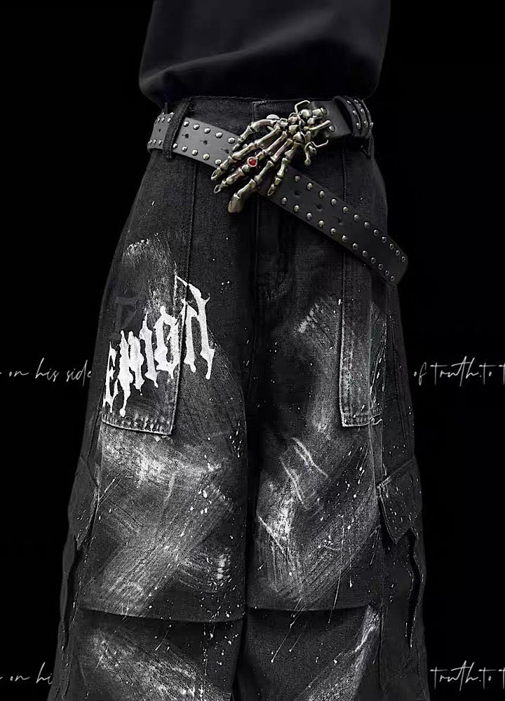 Fully painted pleated simple half-cargo denim pants  OR0755