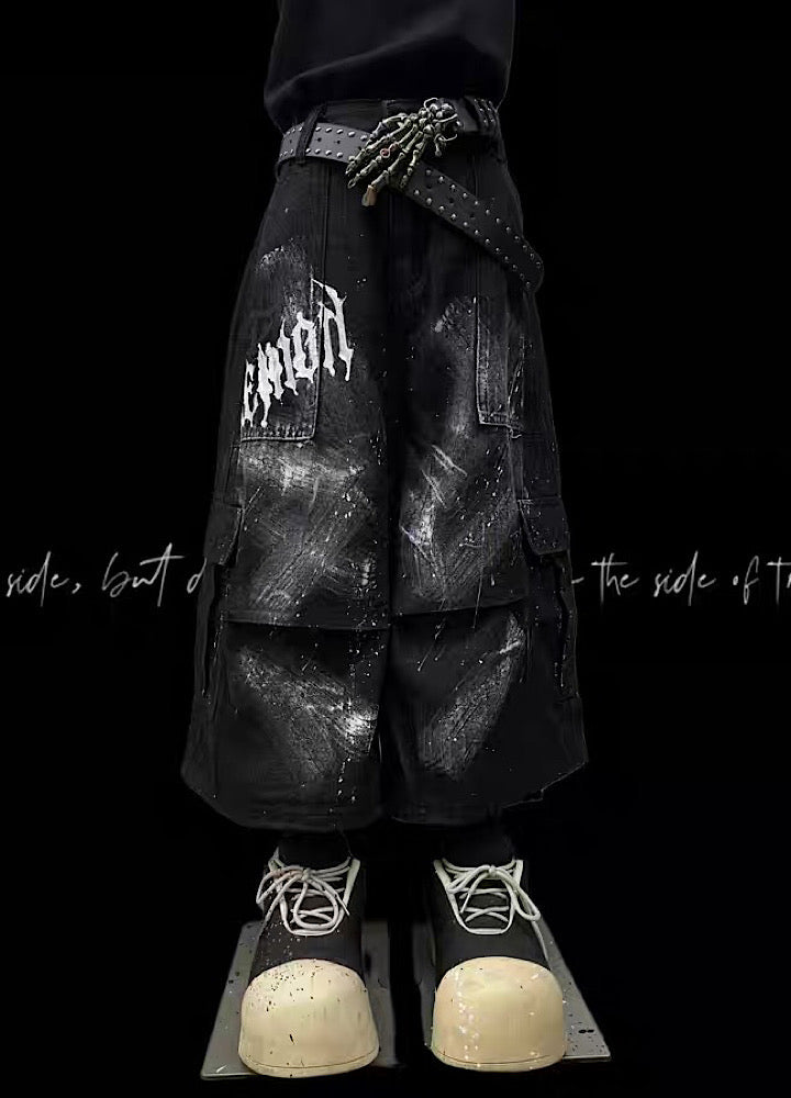 Fully painted pleated simple half-cargo denim pants  OR0755