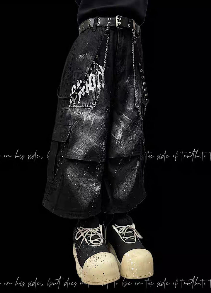Fully painted pleated simple half-cargo denim pants  OR0755