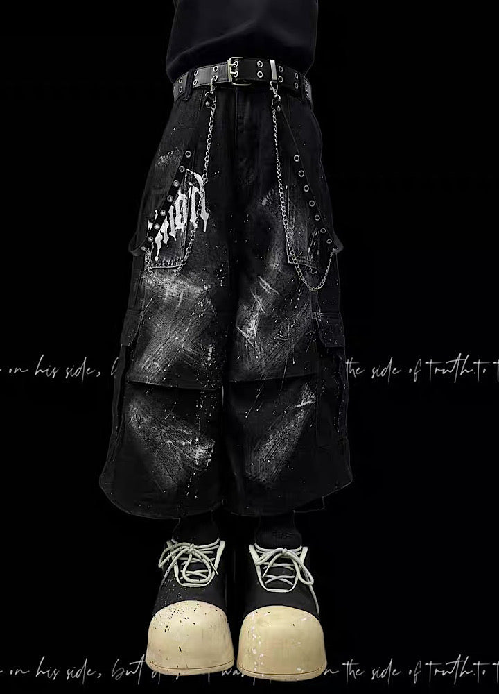 Fully painted pleated simple half-cargo denim pants  OR0755