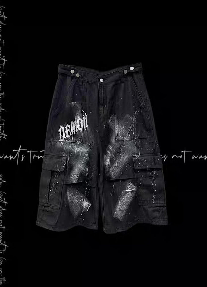 Fully painted pleated simple half-cargo denim pants  OR0755