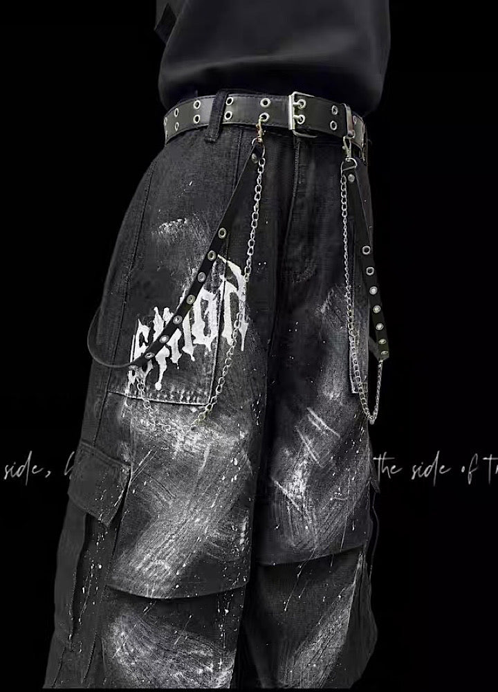 Fully painted pleated simple half-cargo denim pants  OR0755