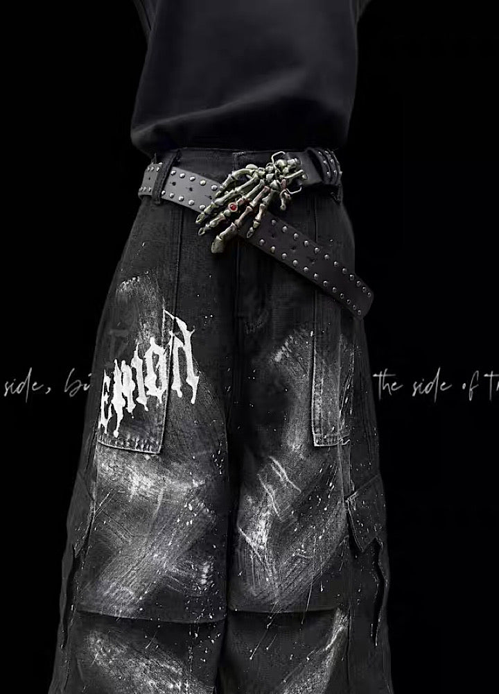 Fully painted pleated simple half-cargo denim pants  OR0755