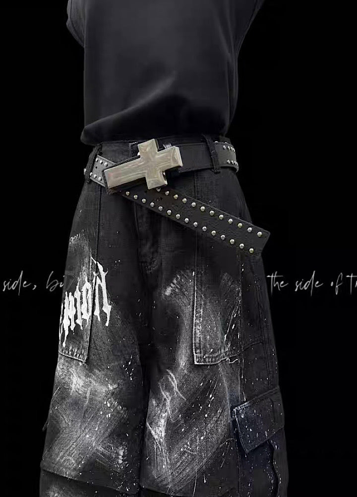 Fully painted pleated simple half-cargo denim pants  OR0755