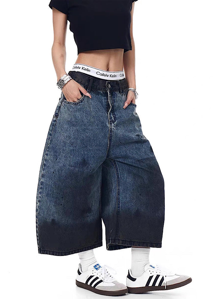 Black Paint Finish Oversized Silhouette Half Denim Pants  OR0756