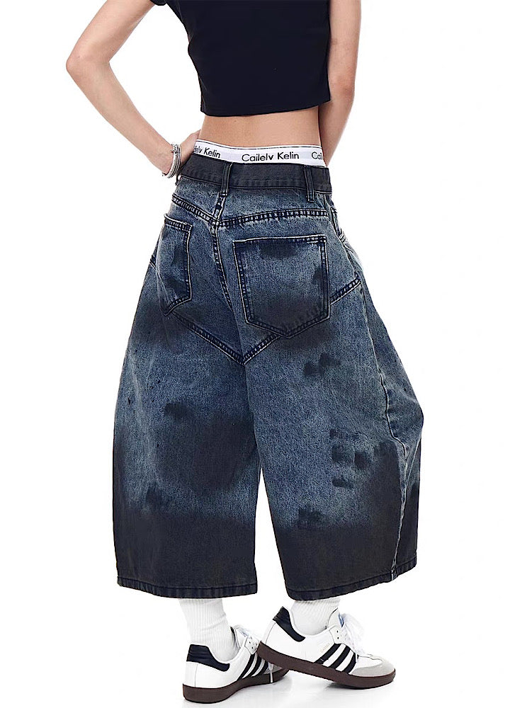 Black Paint Finish Oversized Silhouette Half Denim Pants  OR0756
