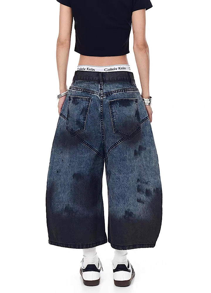 Black Paint Finish Oversized Silhouette Half Denim Pants  OR0756