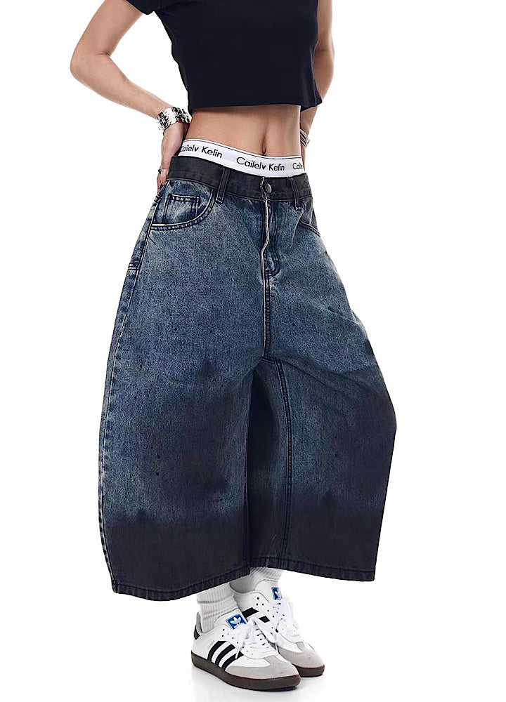 Black Paint Finish Oversized Silhouette Half Denim Pants  OR0756