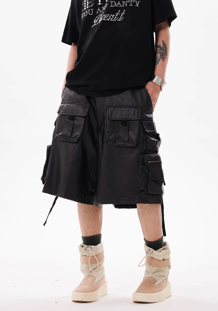 Double pocket suspender design black shorts  OR0757