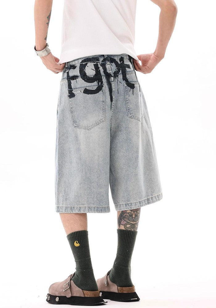 Blood initial design dull blue half denim pants  OR0758