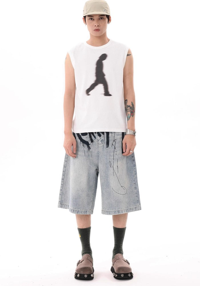 Blood initial design dull blue half denim pants  OR0758