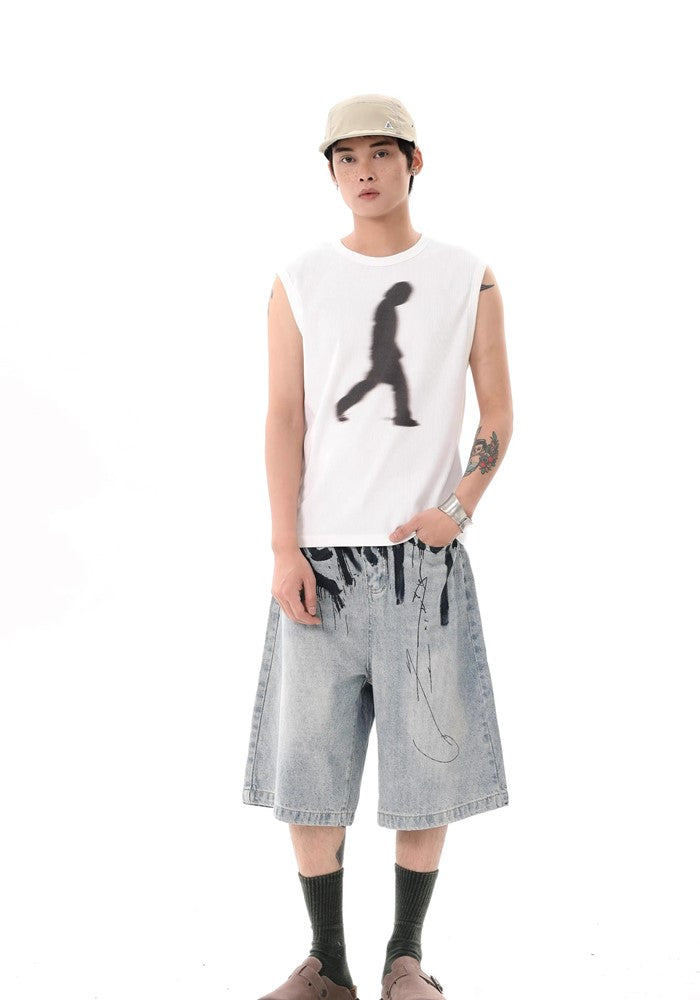 Blood initial design dull blue half denim pants  OR0758