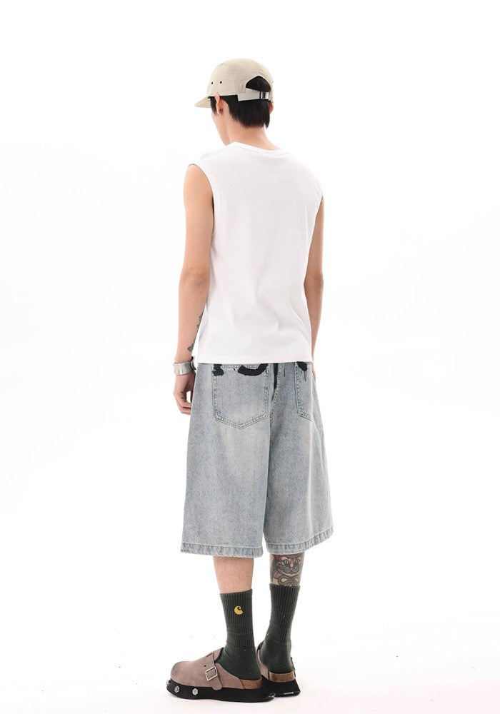 Blood initial design dull blue half denim pants  OR0758