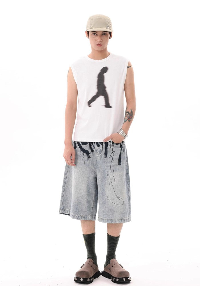 Blood initial design dull blue half denim pants  OR0758