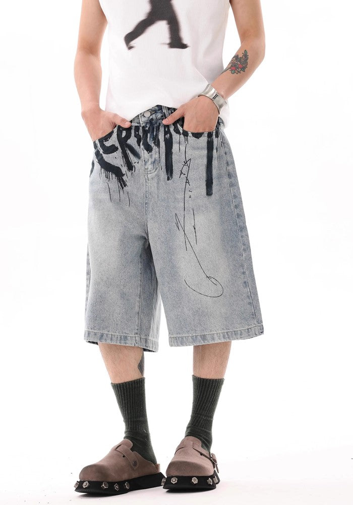 Blood initial design dull blue half denim pants  OR0758