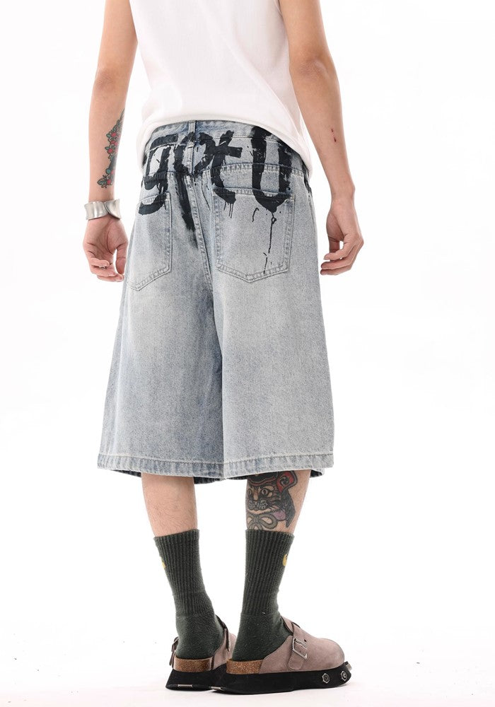 Blood initial design dull blue half denim pants  OR0758