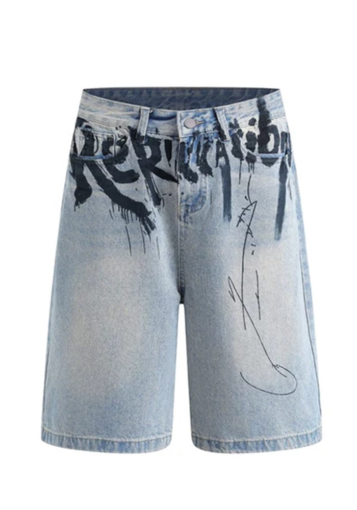 Blood initial design dull blue half denim pants  OR0758