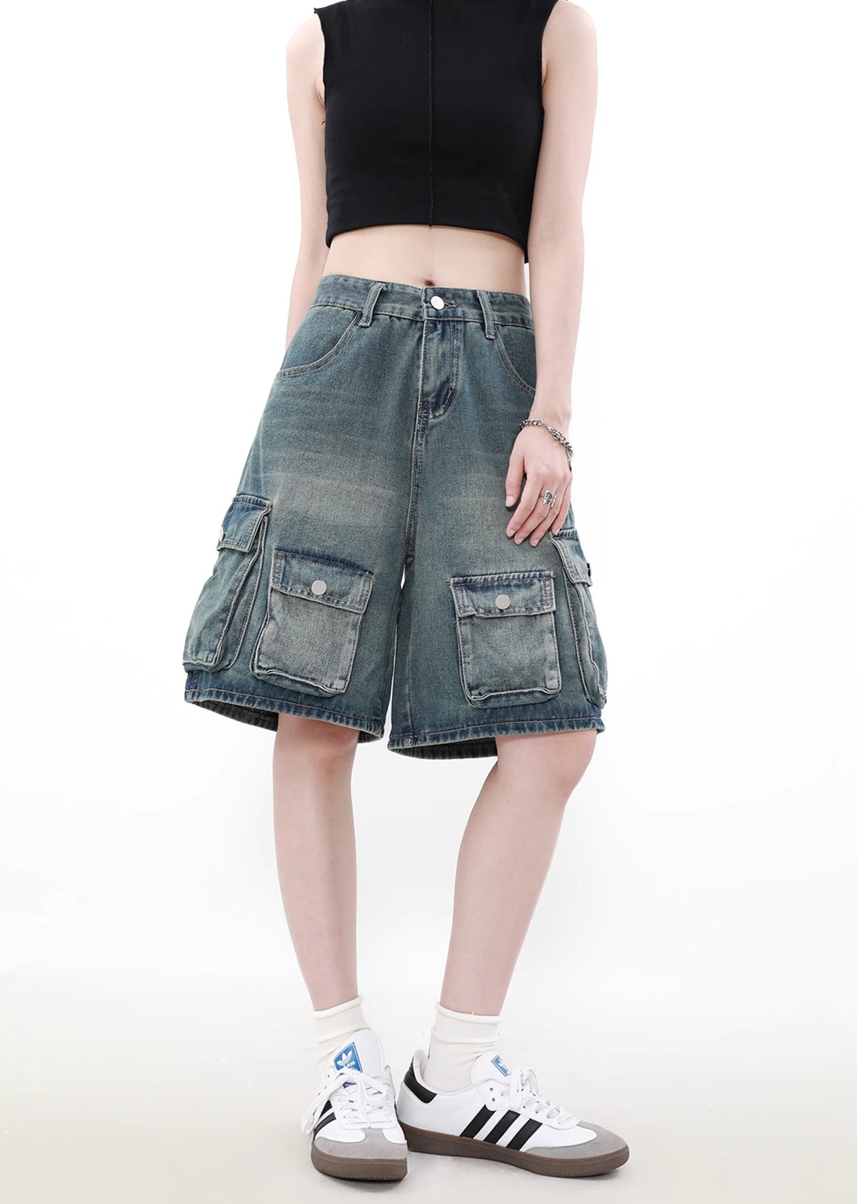 Double pocket dull blue design short denim pants  OR0760
