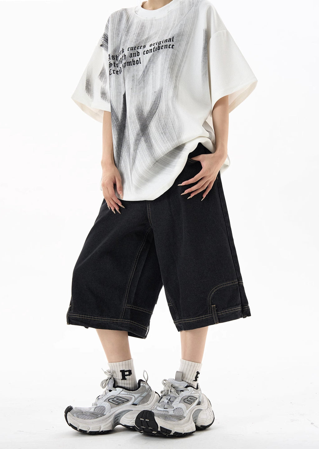 Short silhouette inside out gimmick denim pants  OR0763