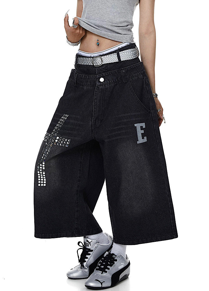 Studded initial design double-waist style denim shorts  OR0765