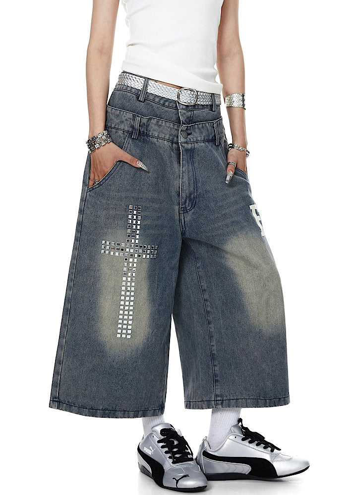 Studded initial design double-waist style denim shorts  OR0765