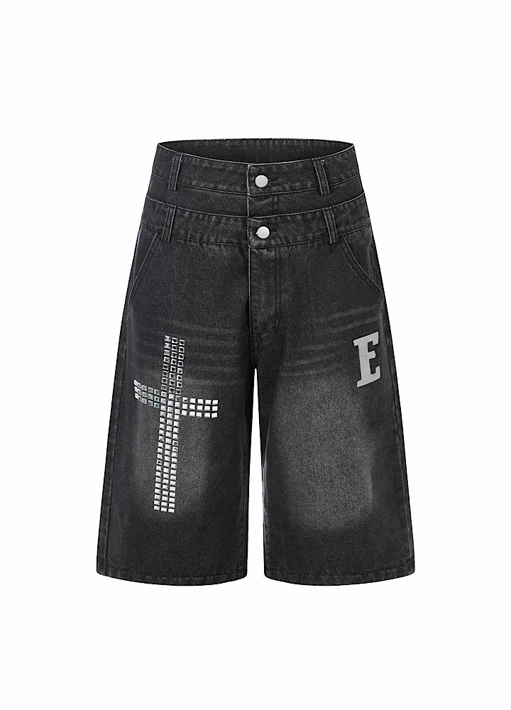 Studded initial design double-waist style denim shorts  OR0765