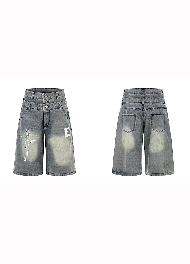 Studded initial design double-waist style denim shorts  OR0765