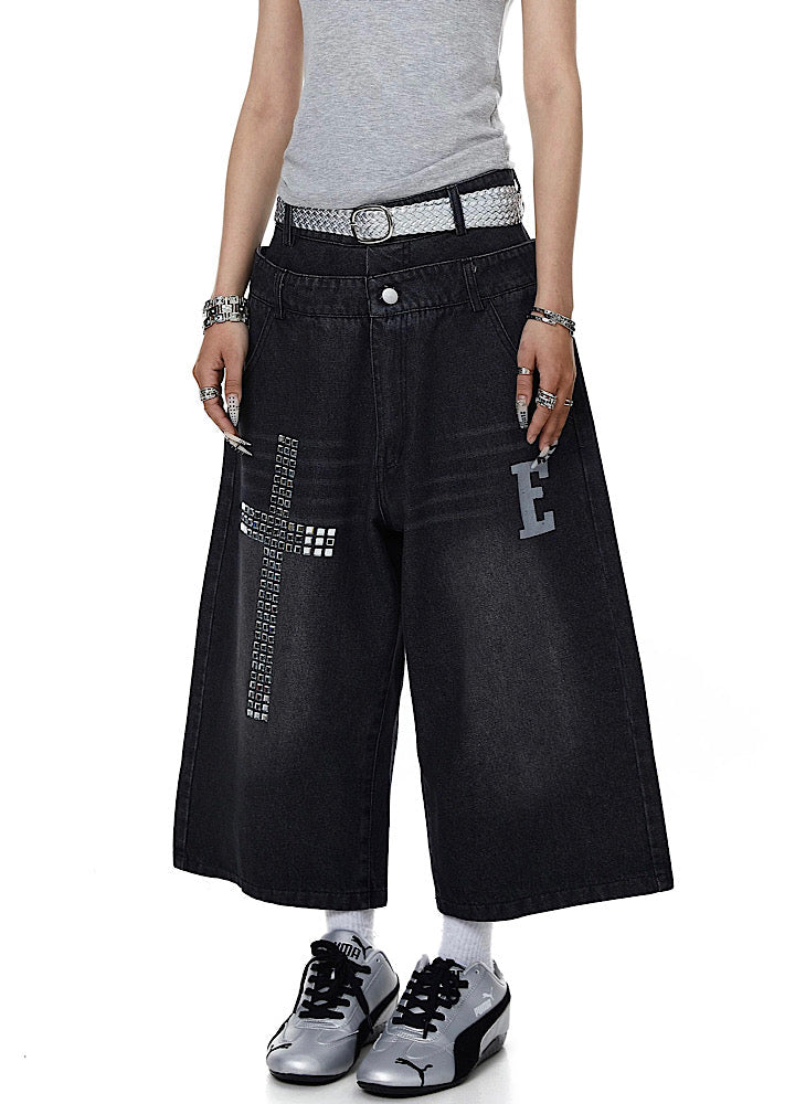 Studded initial design double-waist style denim shorts  OR0765