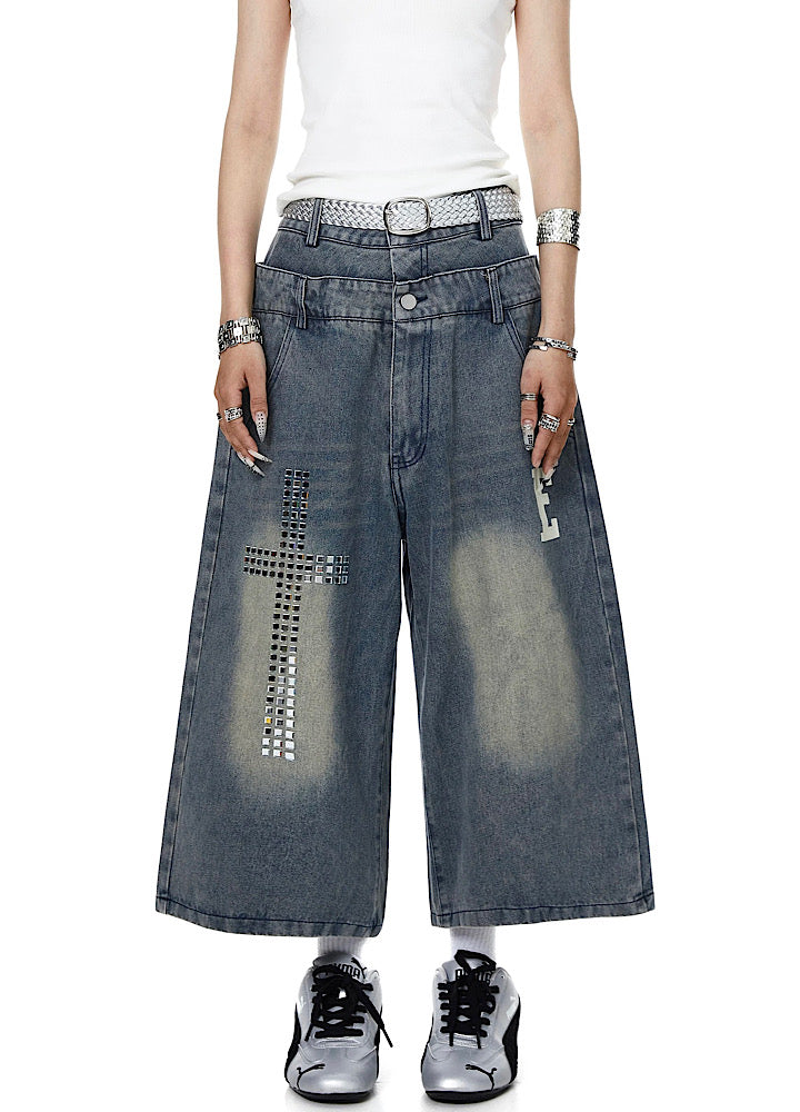 Studded initial design double-waist style denim shorts  OR0765