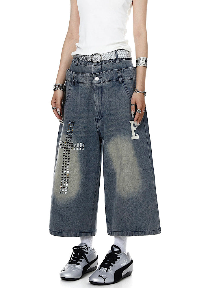 Studded initial design double-waist style denim shorts  OR0765