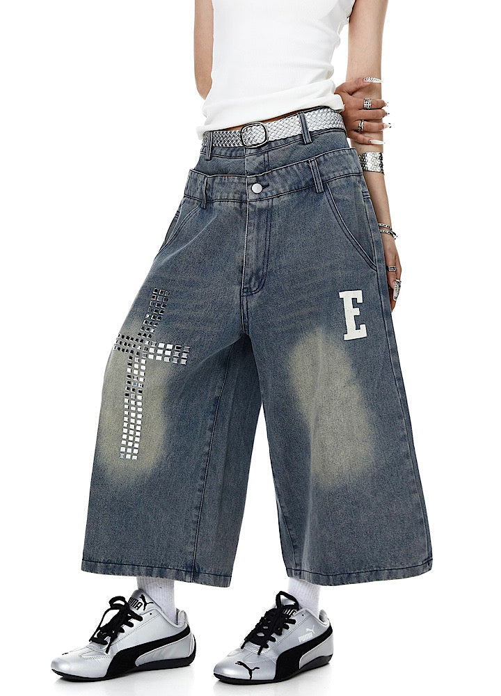 Studded initial design double-waist style denim shorts  OR0765