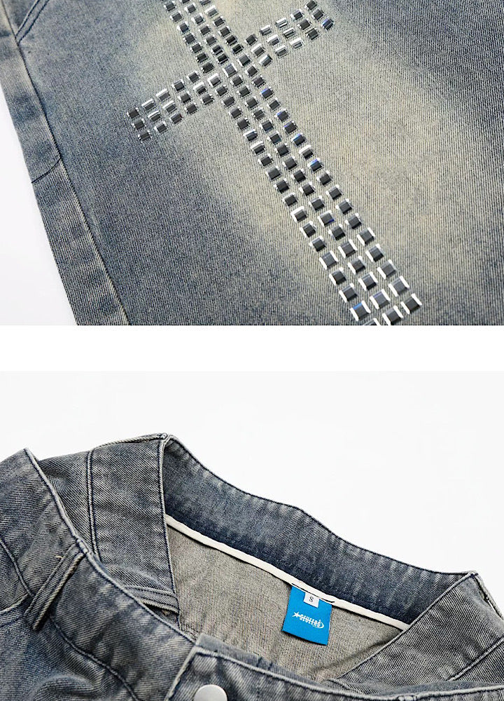 Studded initial design double-waist style denim shorts  OR0765