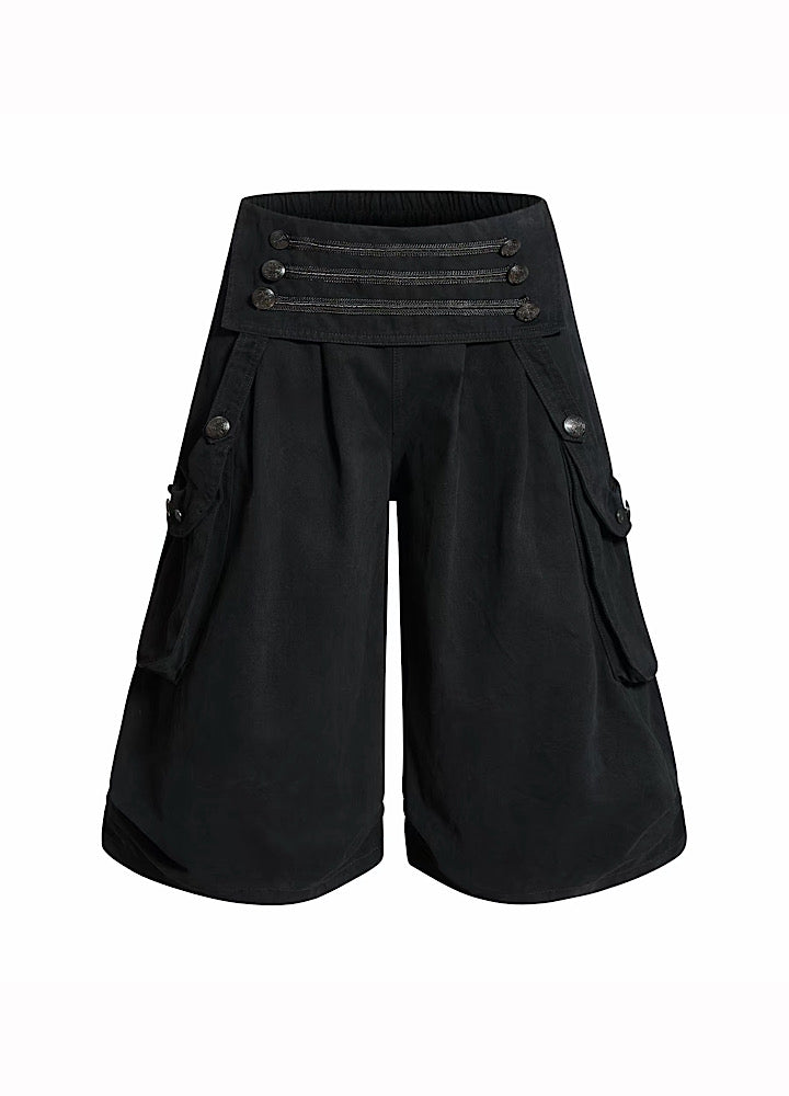 Napoleon-style suspender mid-length denim shorts  OR0766
