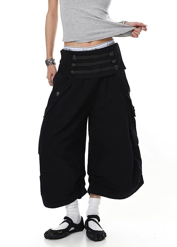 Napoleon-style suspender mid-length denim shorts  OR0766