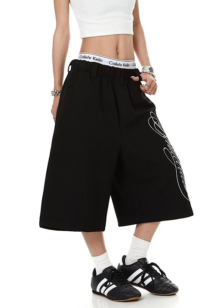 Basic silhouette style asymmetrical initial sweat shorts  OR0767