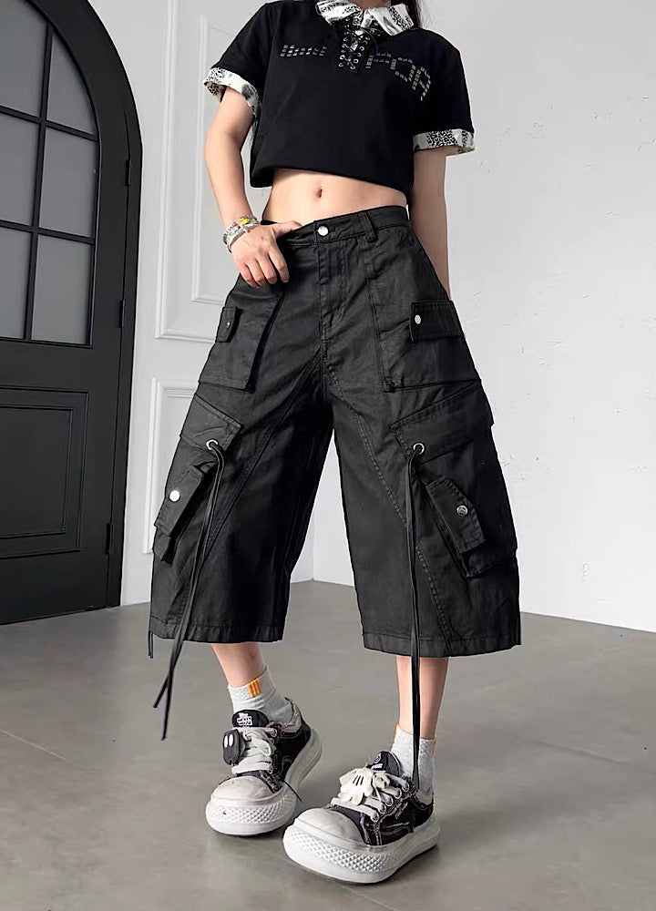 Double-Suspender Pocket Design Denim Cargo Shorts  OR0771