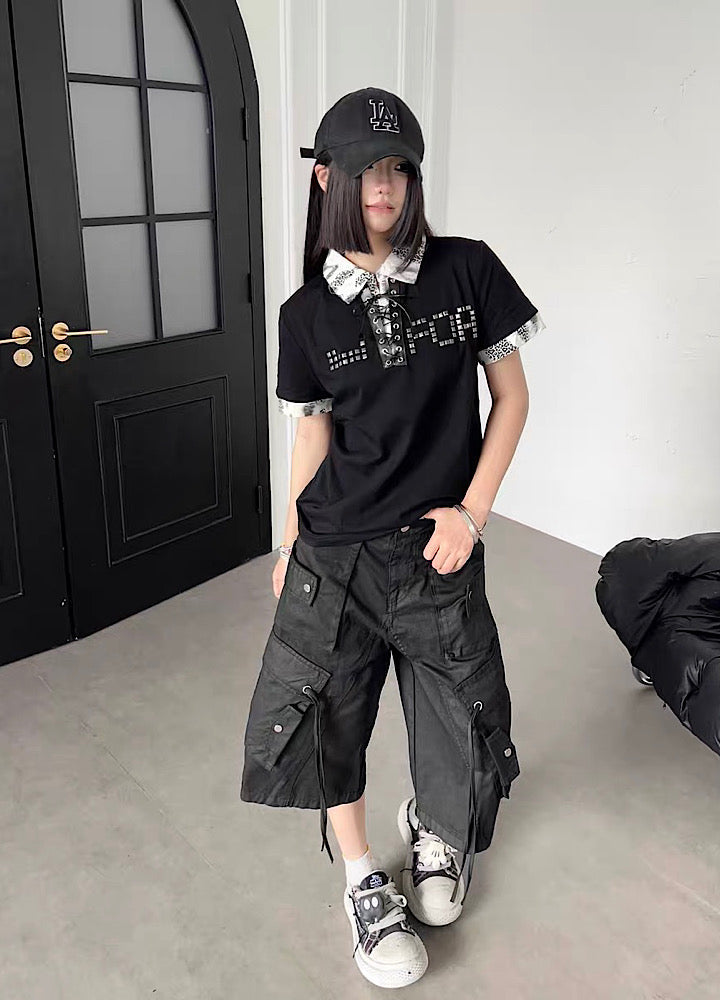 Double-Suspender Pocket Design Denim Cargo Shorts  OR0771