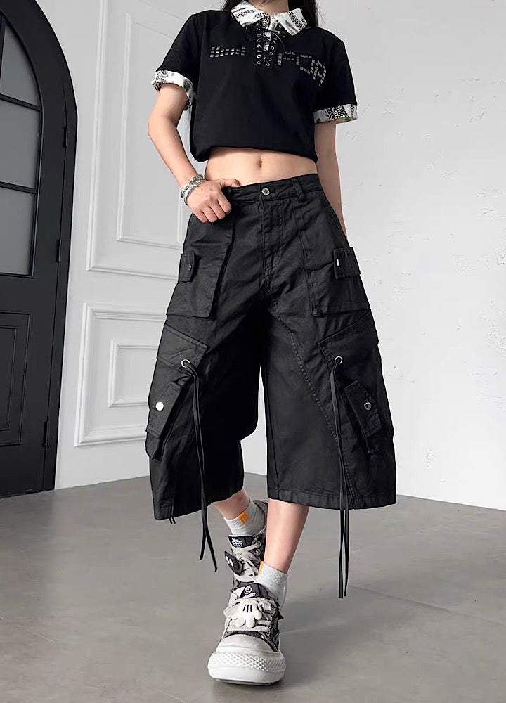 Double-Suspender Pocket Design Denim Cargo Shorts  OR0771