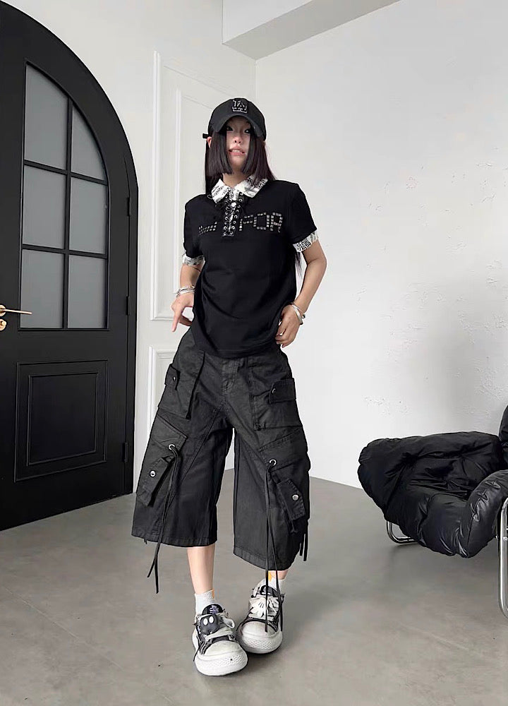 Double-Suspender Pocket Design Denim Cargo Shorts  OR0771