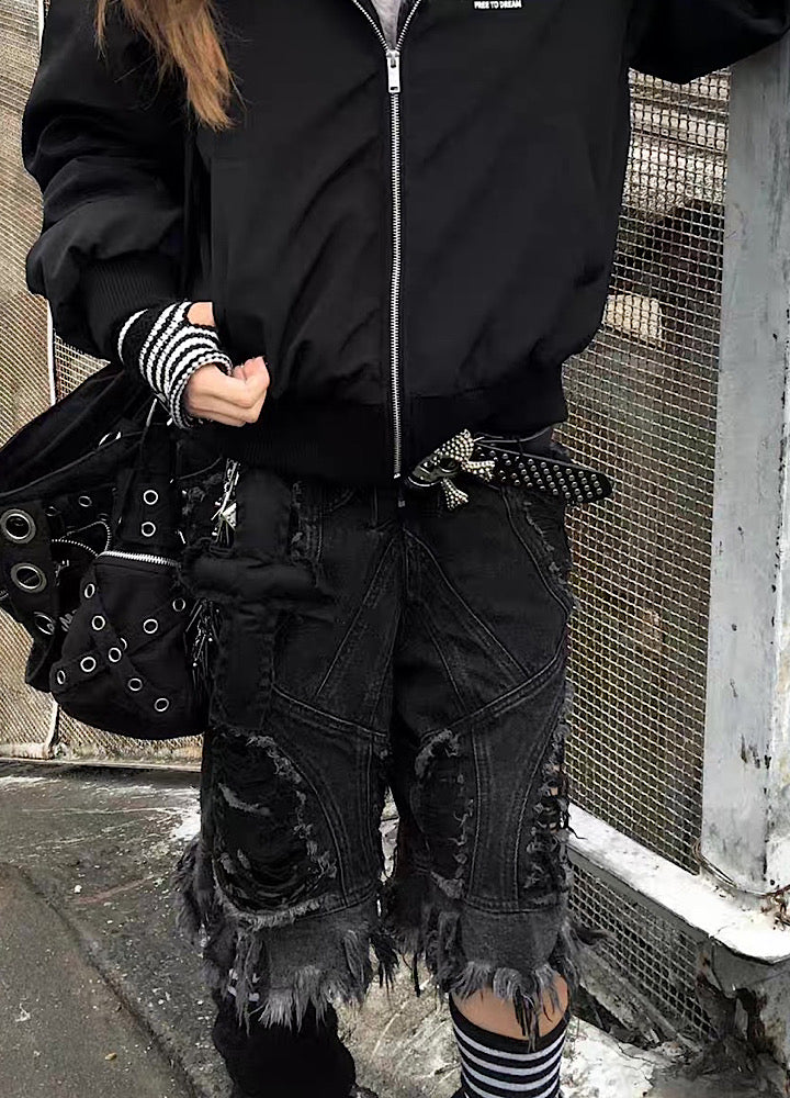 Distressed and distressed black denim shorts  OR0772
