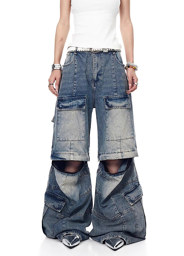 Cutaway type style wash design cargo denim pants  OR0775